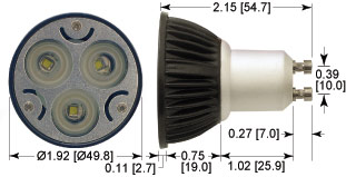 GU10-style LED tracklight dimensions